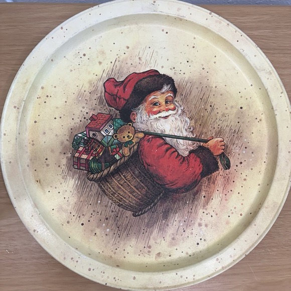 Other - VTG Christmas Tin Cookie Serving Tray Red & Cream Santa Claus  13.5"